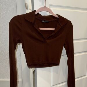 Zara Chocolate Brown Long Sleeve Crop Top